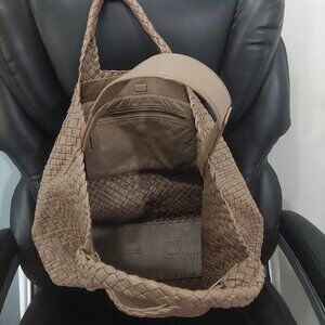 Rare Style Falor Taupe Woven Leather Shoulder Strap & Handles Tote Bag EUC LN